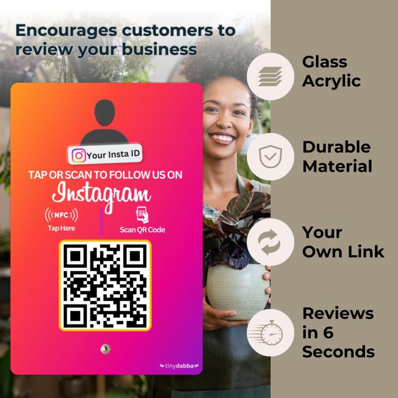 Information graphic from the Amazon listing for tinydabba Custom Instagram Review NFC Standee with QR Code