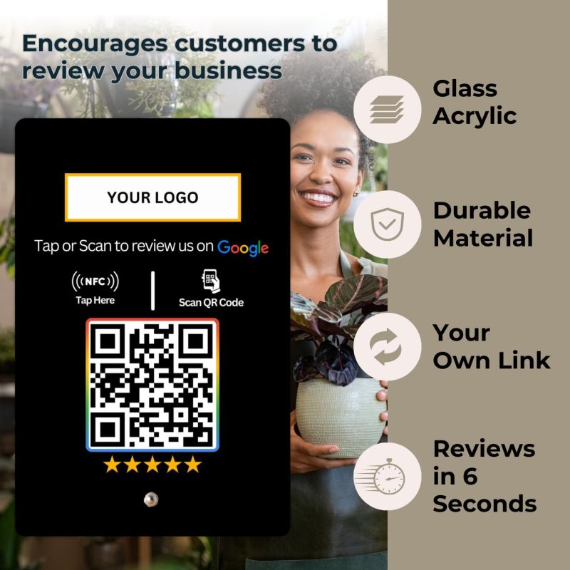 Information graphic from the Amazon listing for tinydabba Custom Review NFC Standee with QR Code