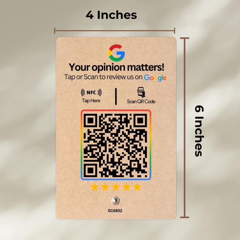 Information graphic from the Amazon listing for tinydabba Wooden Review NFC Standee with QR Code