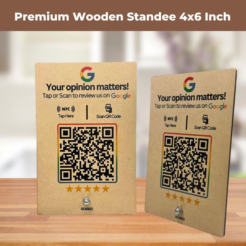 Information graphic from the Amazon listing for tinydabba Wooden Review NFC Standee with QR Code