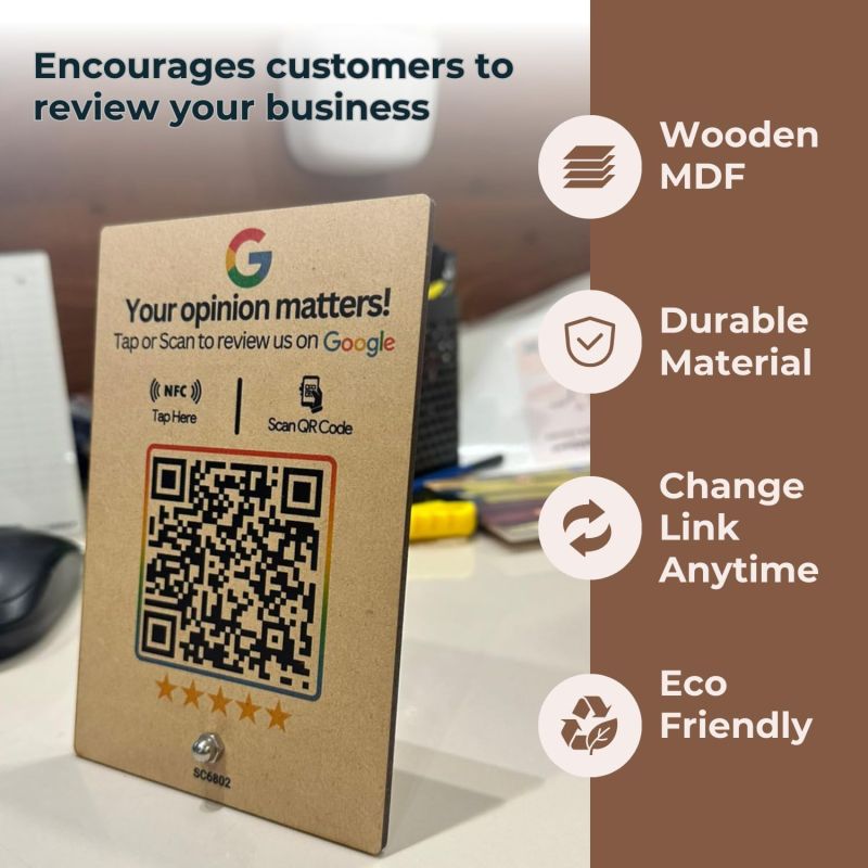 Information graphic from the Amazon listing for tinydabba Wooden Review NFC Standee with QR Code