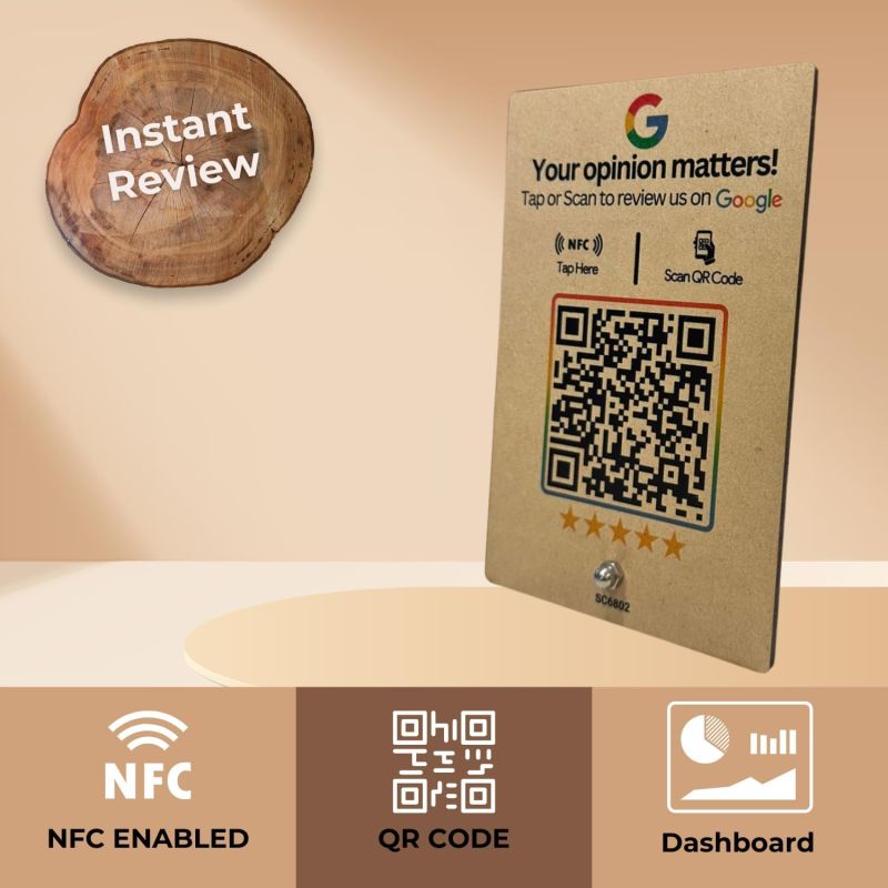 Information graphic from the Amazon listing for tinydabba Wooden Review NFC Standee with QR Code