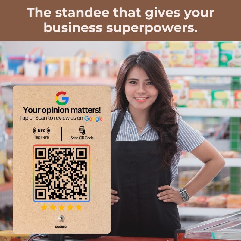 Information graphic from the Amazon listing for tinydabba Wooden Review NFC Standee with QR Code