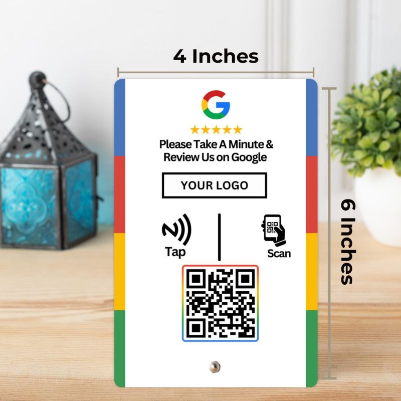 Information graphic from the Amazon listing for tinydabba Custom Review NFC Standee with QR Code