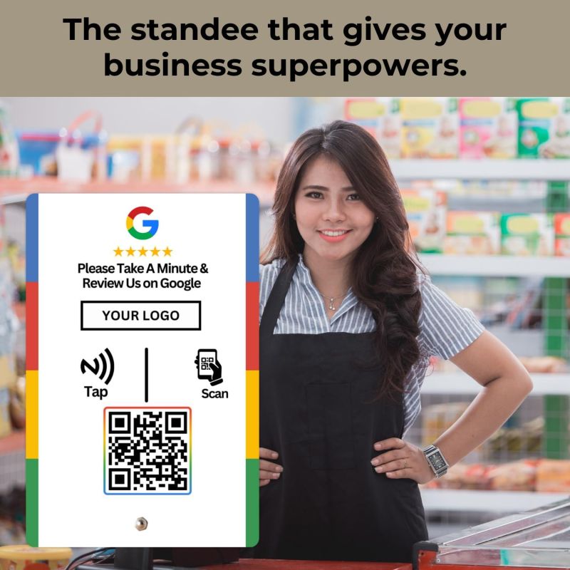 Information graphic from the Amazon listing for tinydabba Custom Review NFC Standee with QR Code