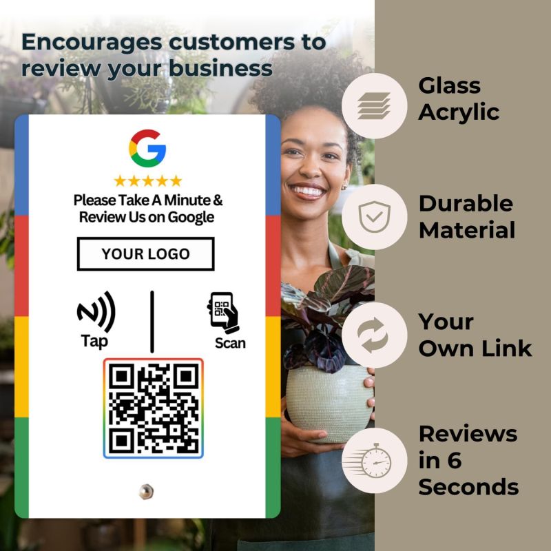 Information graphic from the Amazon listing for tinydabba Custom Review NFC Standee with QR Code