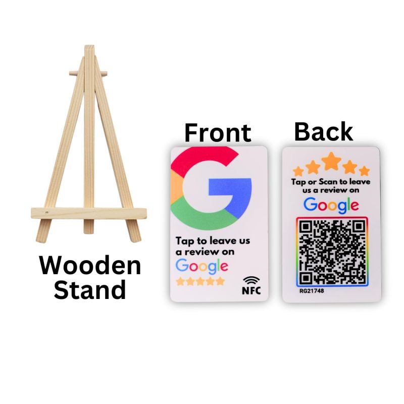 Information graphic from the Amazon listing for tinydabba Review NFC Card With Wooden Stand