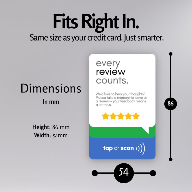 Information graphic from the Amazon listing for tinydabba NFC & QR Tap or Scan Feedback Card for Business