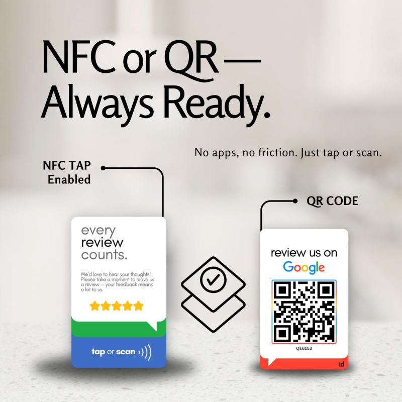 Information graphic from the Amazon listing for tinydabba NFC & QR Tap or Scan Feedback Card for Business