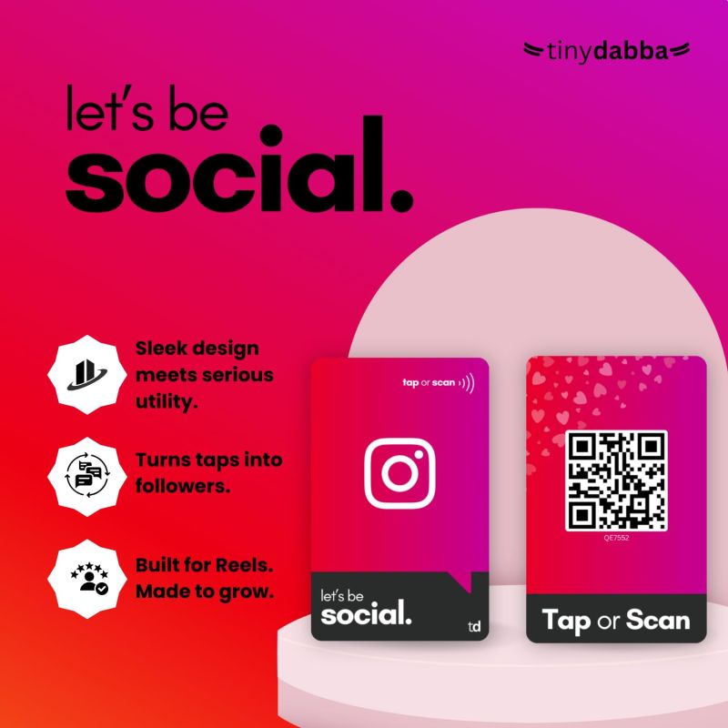 Information graphic from the Amazon listing for tinydabba NFC & QR Smart Social Follow Tap Card, Durable PVC, UV Printed