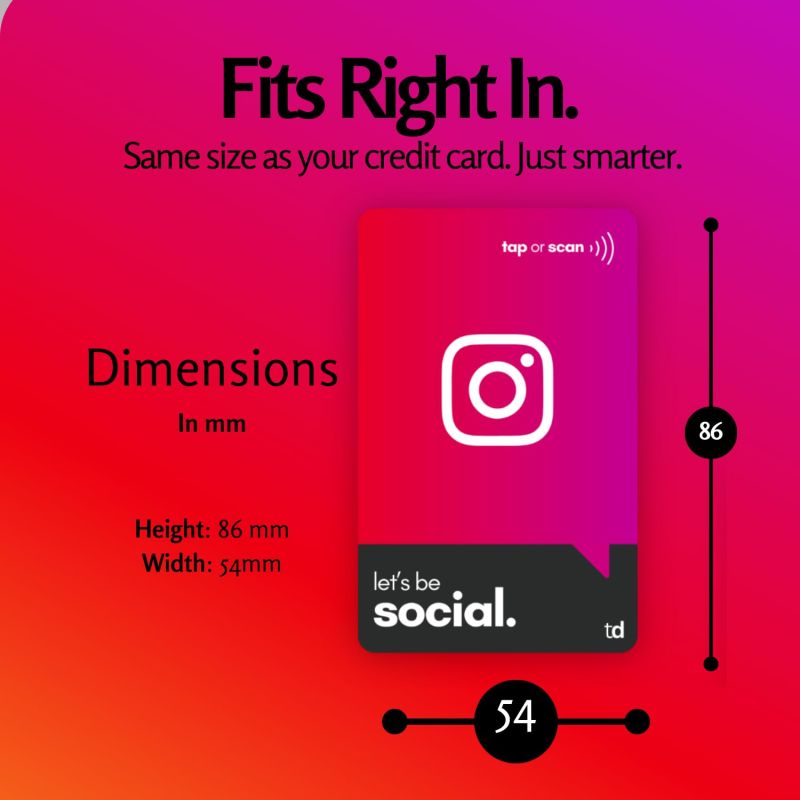 Information graphic from the Amazon listing for tinydabba NFC & QR Smart Social Follow Tap Card, Durable PVC, UV Printed