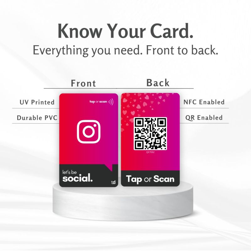 Information graphic from the Amazon listing for tinydabba NFC & QR Smart Social Follow Tap Card, Durable PVC, UV Printed