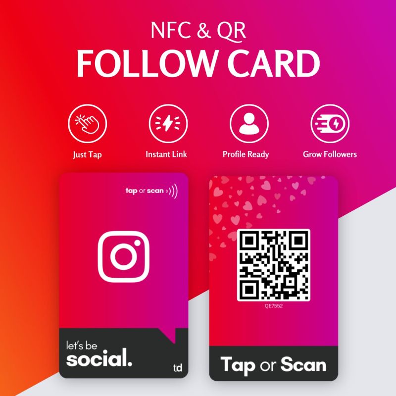 Information graphic from the Amazon listing for tinydabba NFC & QR Smart Social Follow Tap Card, Durable PVC, UV Printed