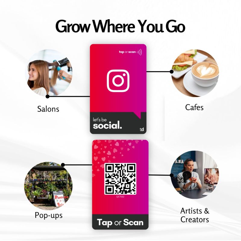 Information graphic from the Amazon listing for tinydabba NFC & QR Smart Social Follow Tap Card, Durable PVC, UV Printed
