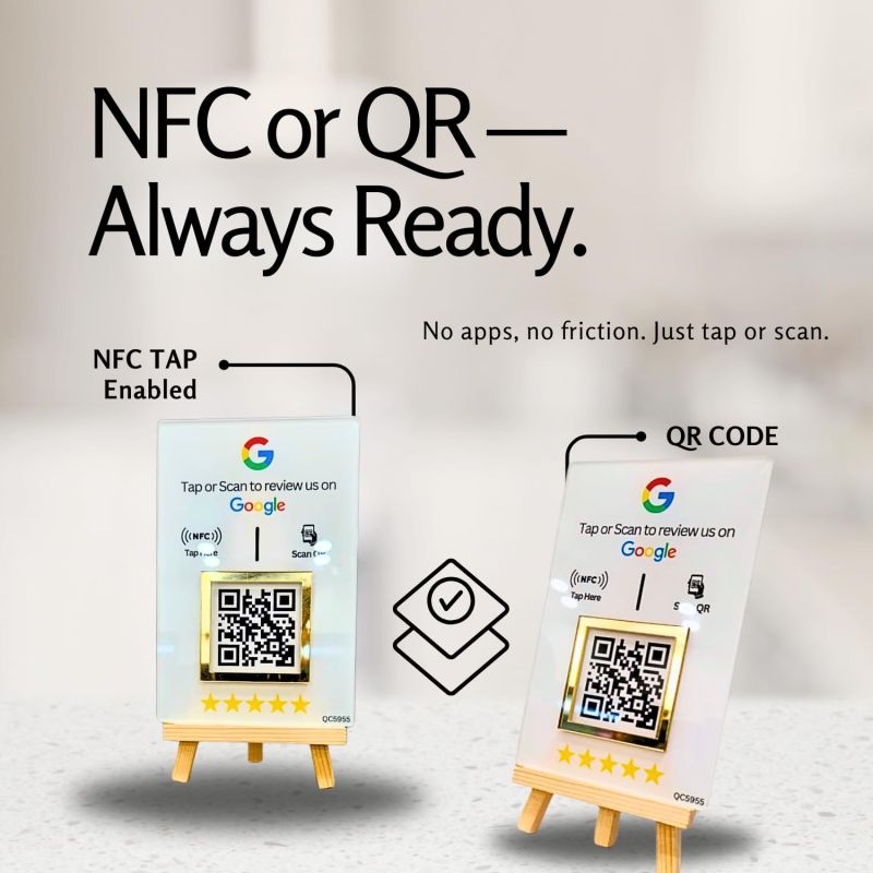 Information graphic from the Amazon listing for tinydabba NFC & QR Tap or Scan Feedback Standee for Business