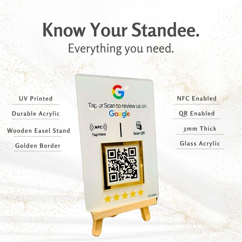 Information graphic from the Amazon listing for tinydabba NFC & QR Tap or Scan Feedback Standee for Business