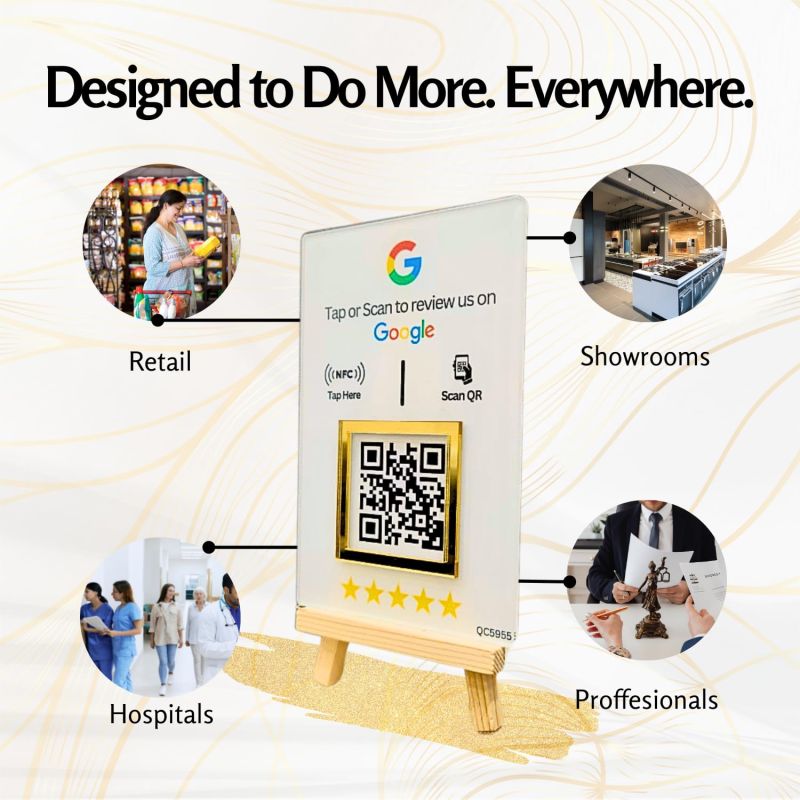 Information graphic from the Amazon listing for tinydabba NFC & QR Tap or Scan Feedback Standee for Business