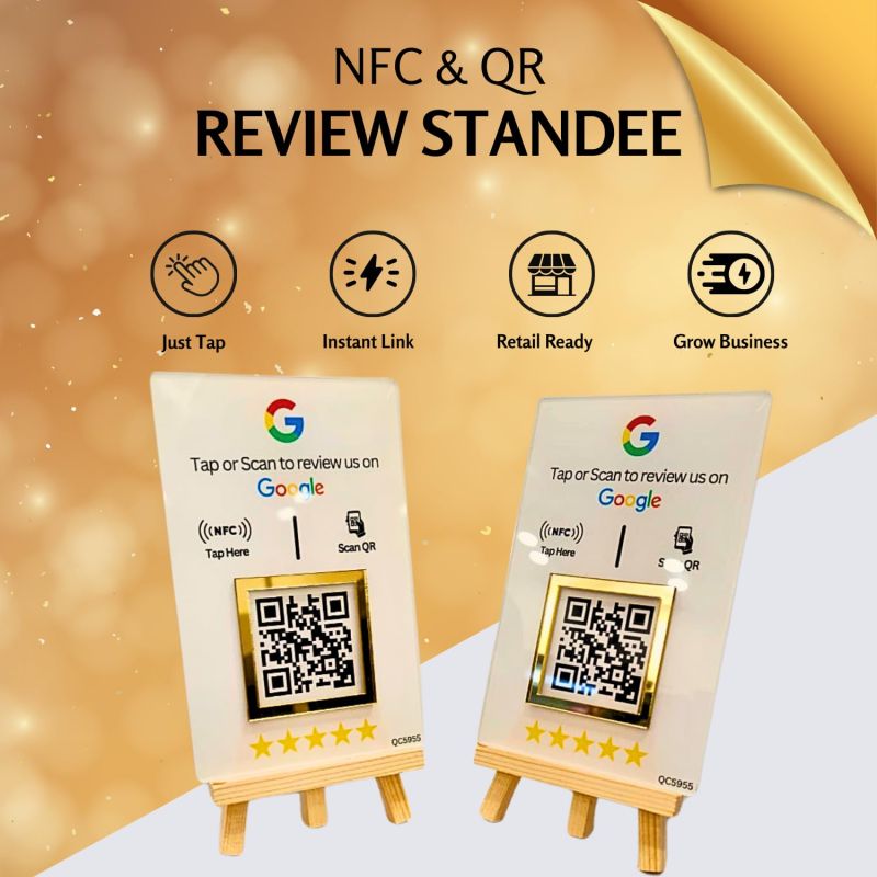Information graphic from the Amazon listing for tinydabba NFC & QR Tap or Scan Feedback Standee for Business