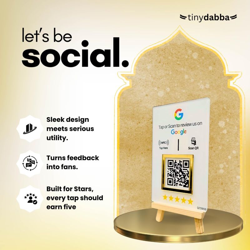 Information graphic from the Amazon listing for tinydabba NFC & QR Tap or Scan Feedback Standee for Business
