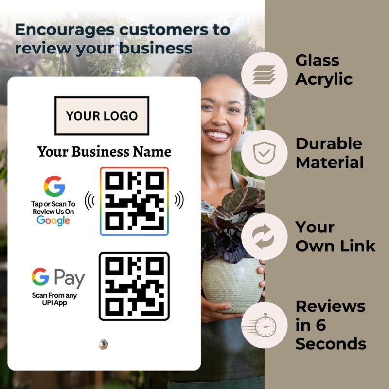 Information graphic from the Amazon listing for tinydabba Combo Standee for Review & UPI Payment