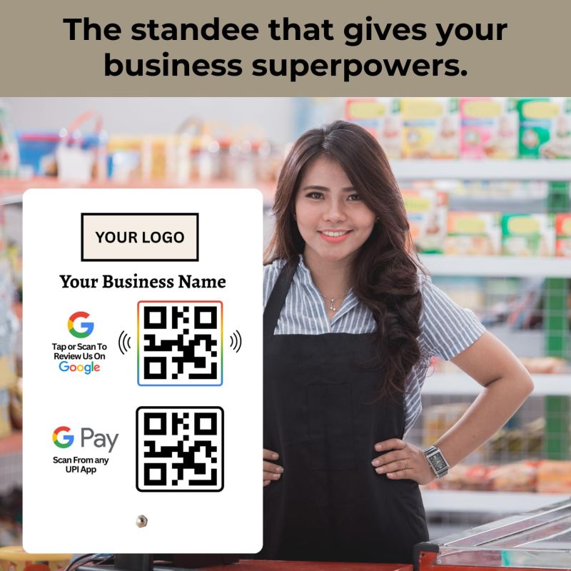 Information graphic from the Amazon listing for tinydabba Combo Standee for Review & UPI Payment