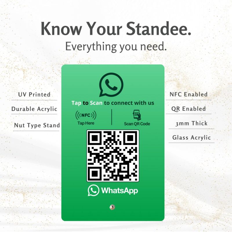 Information graphic from the Amazon listing for tinydabba WhatsApp Standee with NFC & QR Code