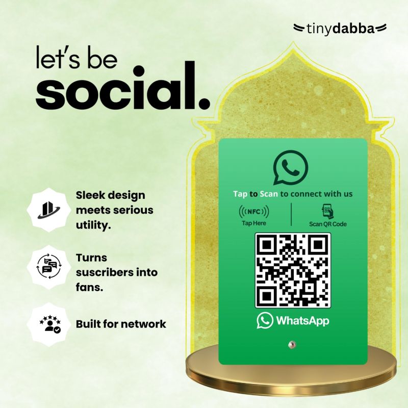 Information graphic from the Amazon listing for tinydabba WhatsApp Standee with NFC & QR Code