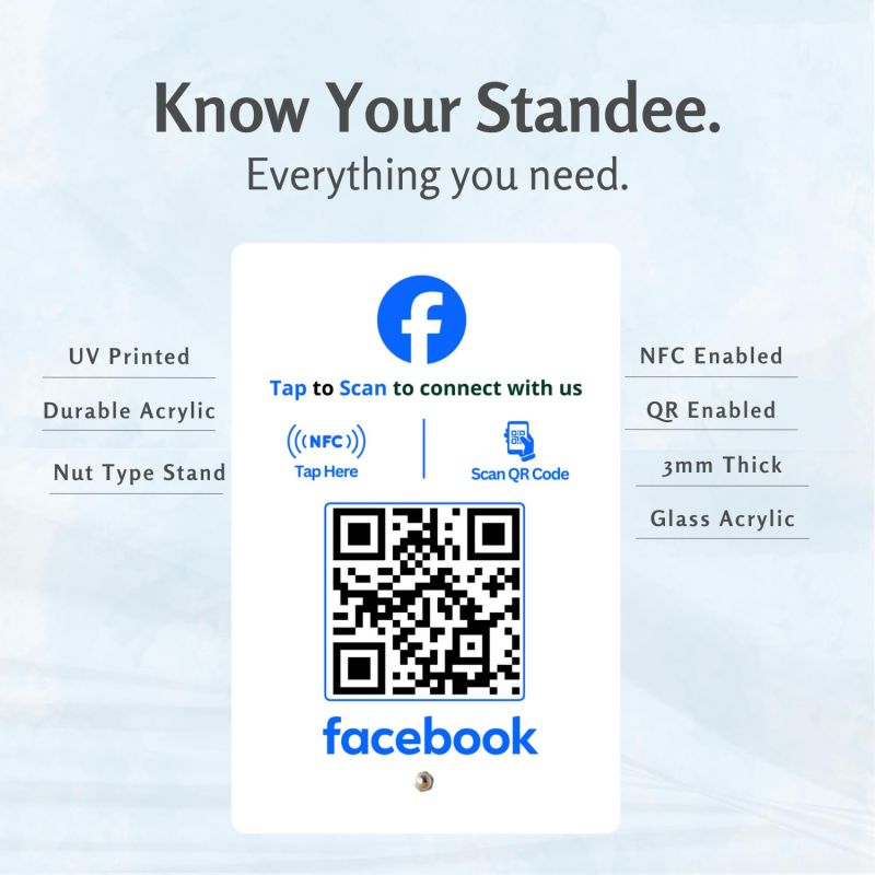 Information graphic from the Amazon listing for tinydabba Facebook Standee with NFC & QR Code