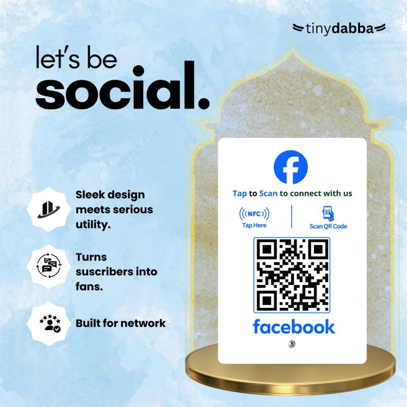 Information graphic from the Amazon listing for tinydabba Facebook Standee with NFC & QR Code