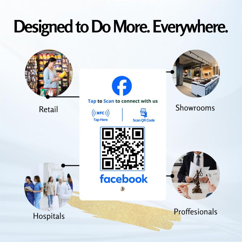 Information graphic from the Amazon listing for tinydabba Facebook Standee with NFC & QR Code