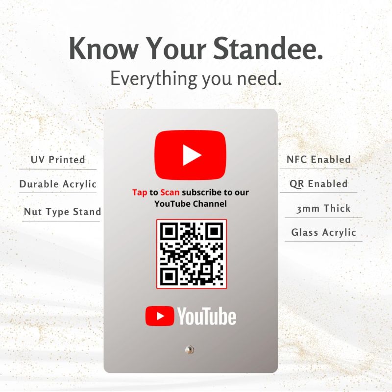 Information graphic from the Amazon listing for tinydabba YouTube Standee with NFC & QR Code