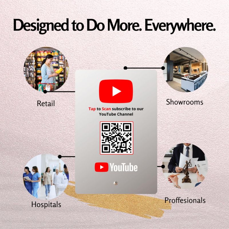 Information graphic from the Amazon listing for tinydabba YouTube Standee with NFC & QR Code