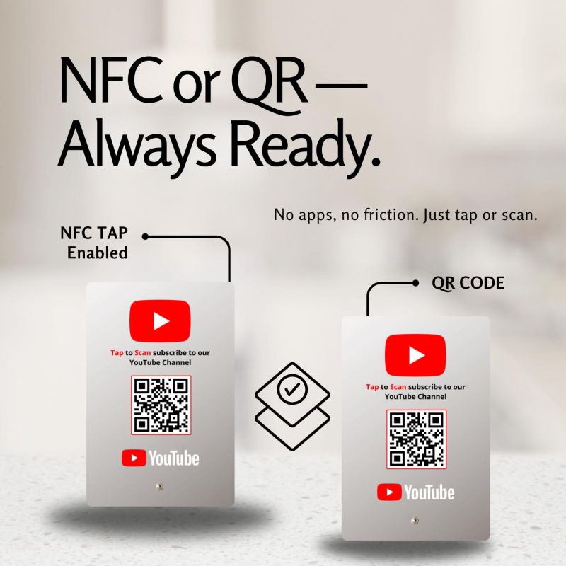 Information graphic from the Amazon listing for tinydabba YouTube Standee with NFC & QR Code