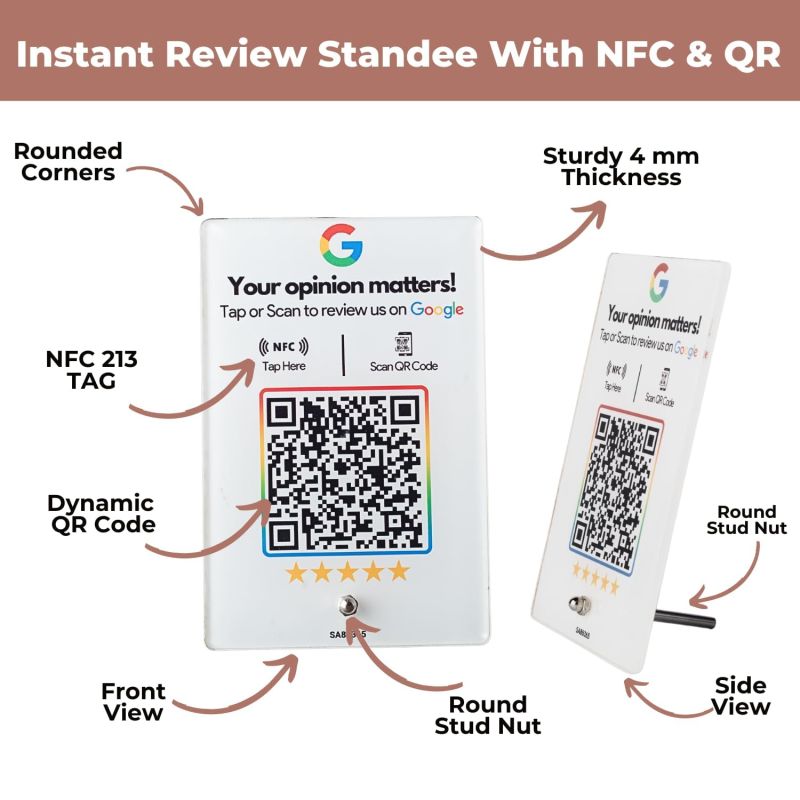 Information graphic from the Amazon listing for tinydabba Review NFC Standee with QR Code