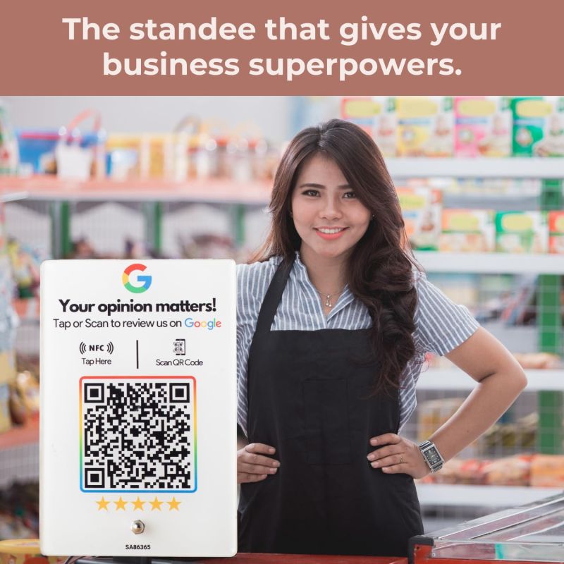 Information graphic from the Amazon listing for tinydabba Review NFC Standee with QR Code