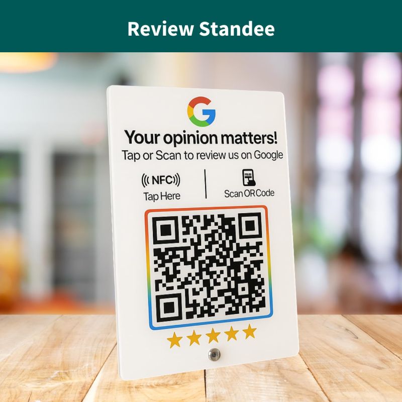 Information graphic from the Amazon listing for tinydabba 2mm acrylic NFC and QR review standee for review