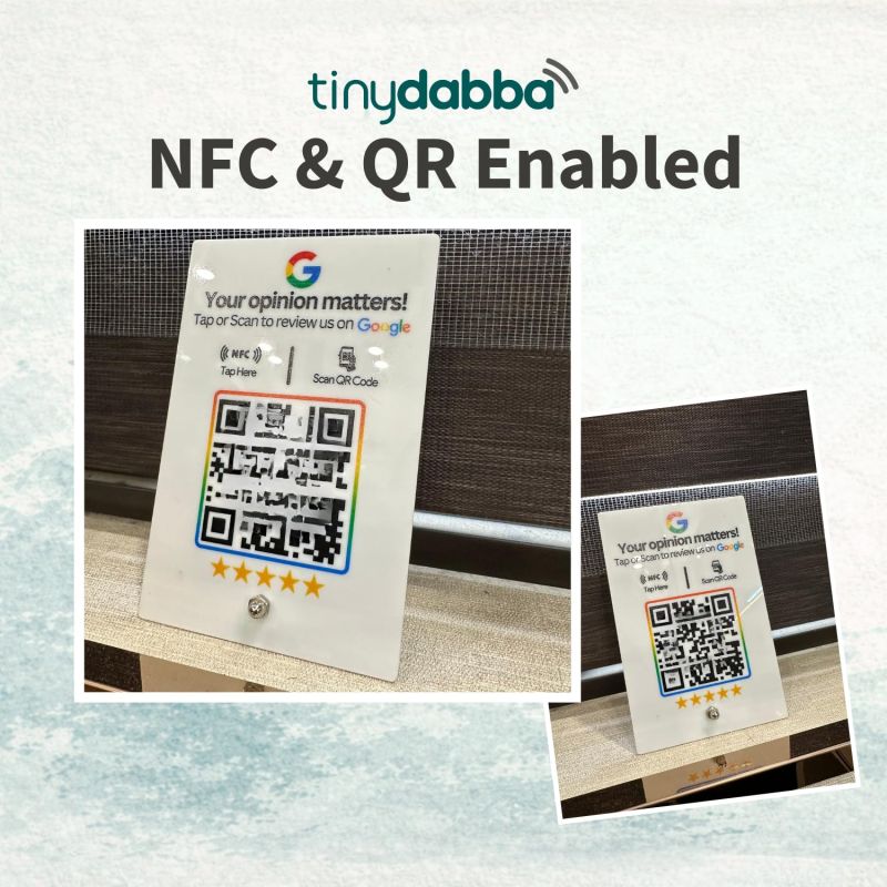 Information graphic from the Amazon listing for tinydabba 2mm acrylic NFC and QR review standee for review