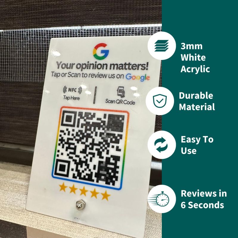 Information graphic from the Amazon listing for tinydabba 2mm acrylic NFC and QR review standee for review