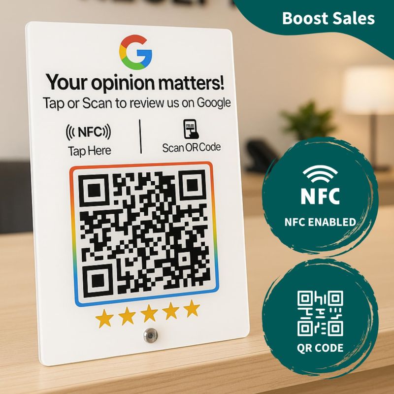 Information graphic from the Amazon listing for tinydabba 2mm acrylic NFC and QR review standee for review