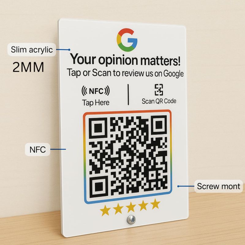Information graphic from the Amazon listing for tinydabba 2mm acrylic NFC and QR review standee for review
