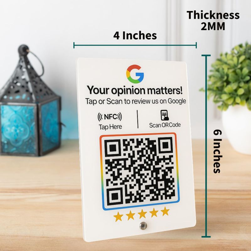 Information graphic from the Amazon listing for tinydabba 2mm acrylic NFC and QR review standee for review