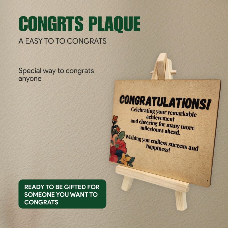 Information graphic from the Amazon listing for tinydabba Wooden Congrats Plaque with Easel