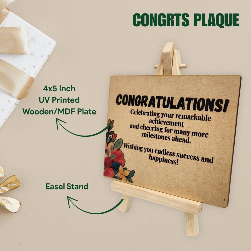 Information graphic from the Amazon listing for tinydabba Wooden Congrats Plaque with Easel
