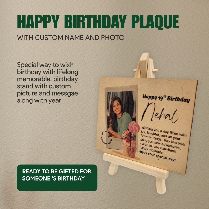 Information graphic from the Amazon listing for tinydabba Wooden Happy Birthday Plaque with Easel