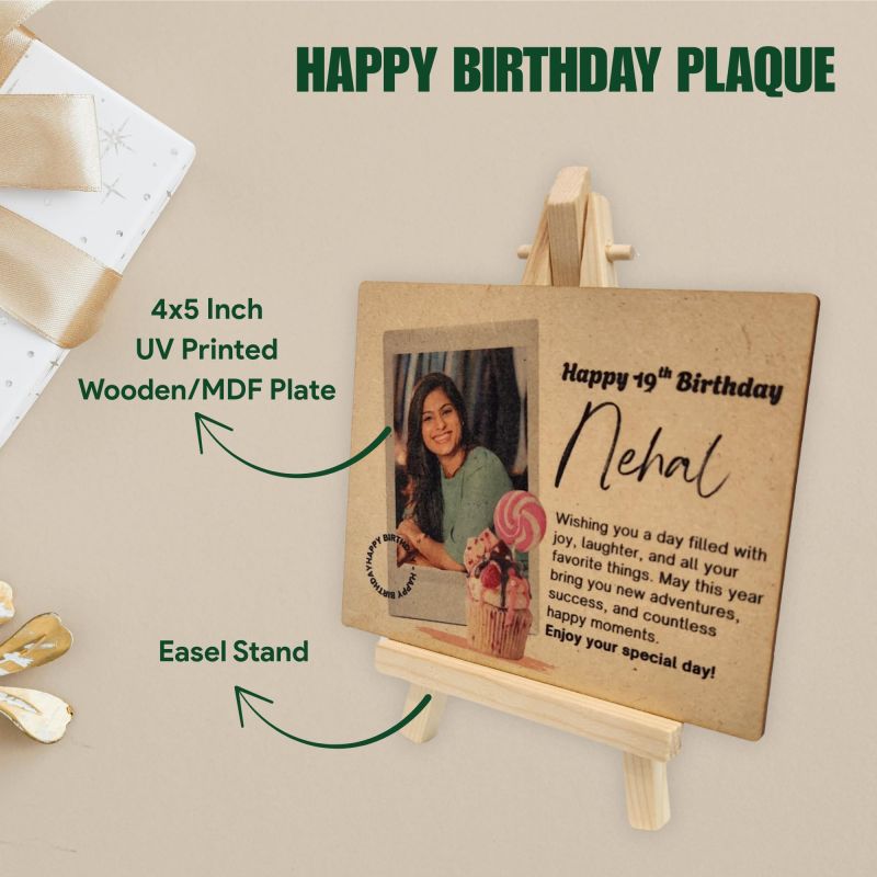 Information graphic from the Amazon listing for tinydabba Wooden Happy Birthday Plaque with Easel