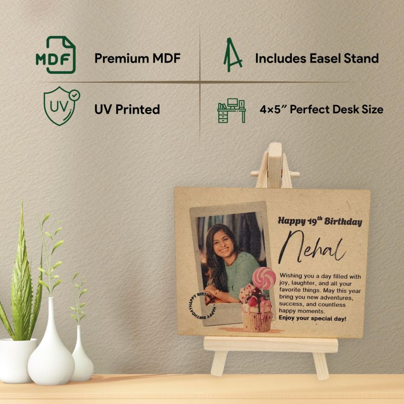 Information graphic from the Amazon listing for tinydabba Wooden Happy Birthday Plaque with Easel
