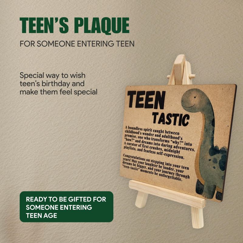 Information graphic from the Amazon listing for tinydabba Wooden Teen Gift Plaque with Easel
