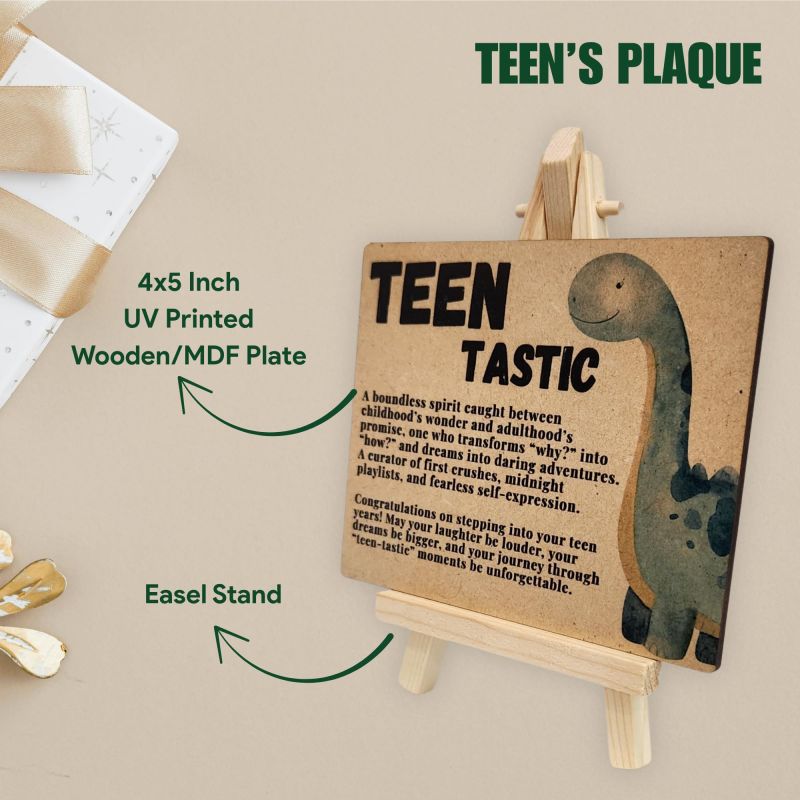 Information graphic from the Amazon listing for tinydabba Wooden Teen Gift Plaque with Easel