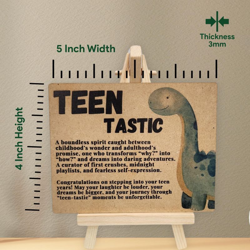 Information graphic from the Amazon listing for tinydabba Wooden Teen Gift Plaque with Easel
