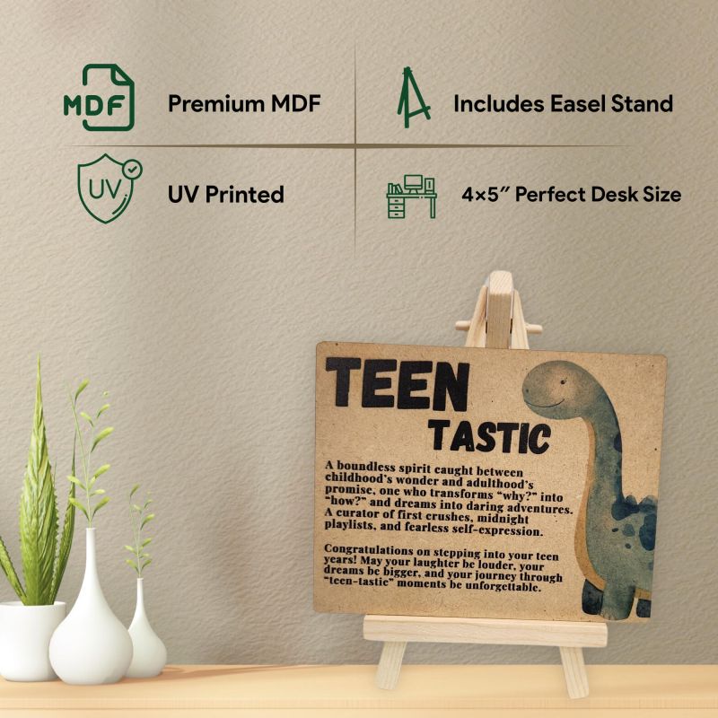 Information graphic from the Amazon listing for tinydabba Wooden Teen Gift Plaque with Easel